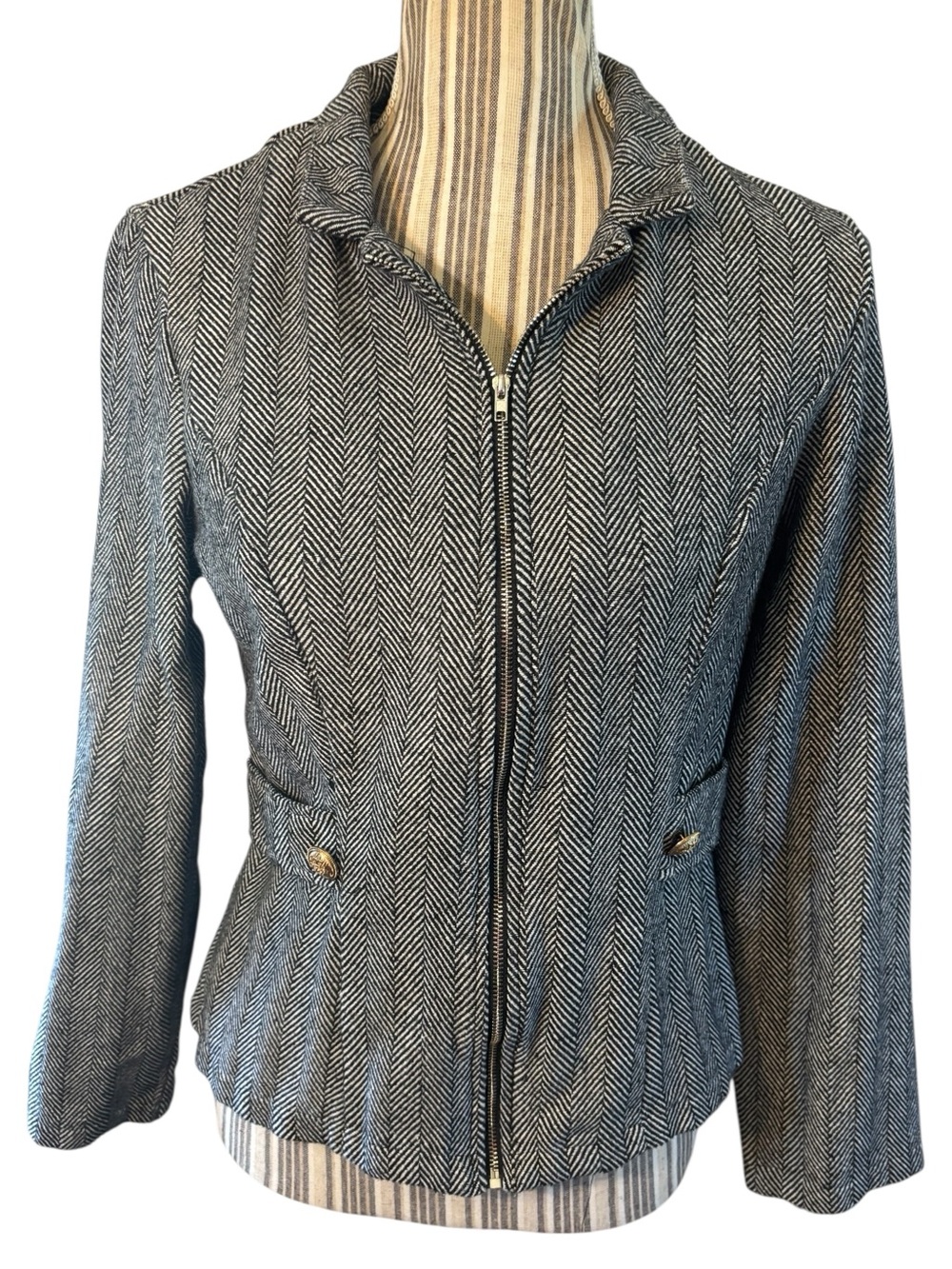 Herringbone Blazer Large SHEIN Black & White Tweed Zip-Front Flap Detail Jacket